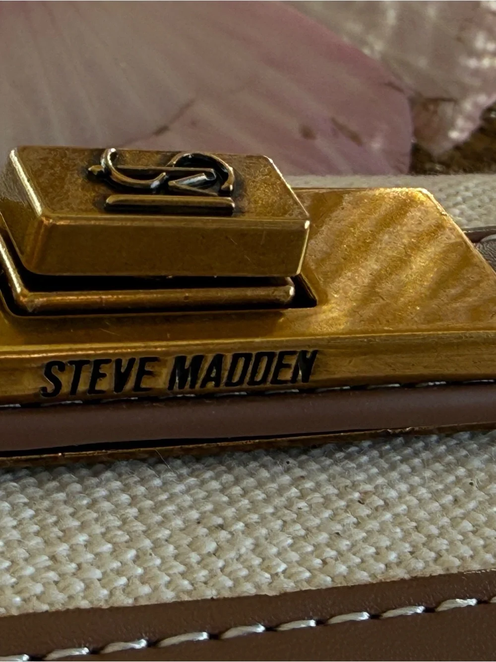 Steve Madden Beige and Taupe Canvas Wristlet with Unique Gold Accent Hardwares